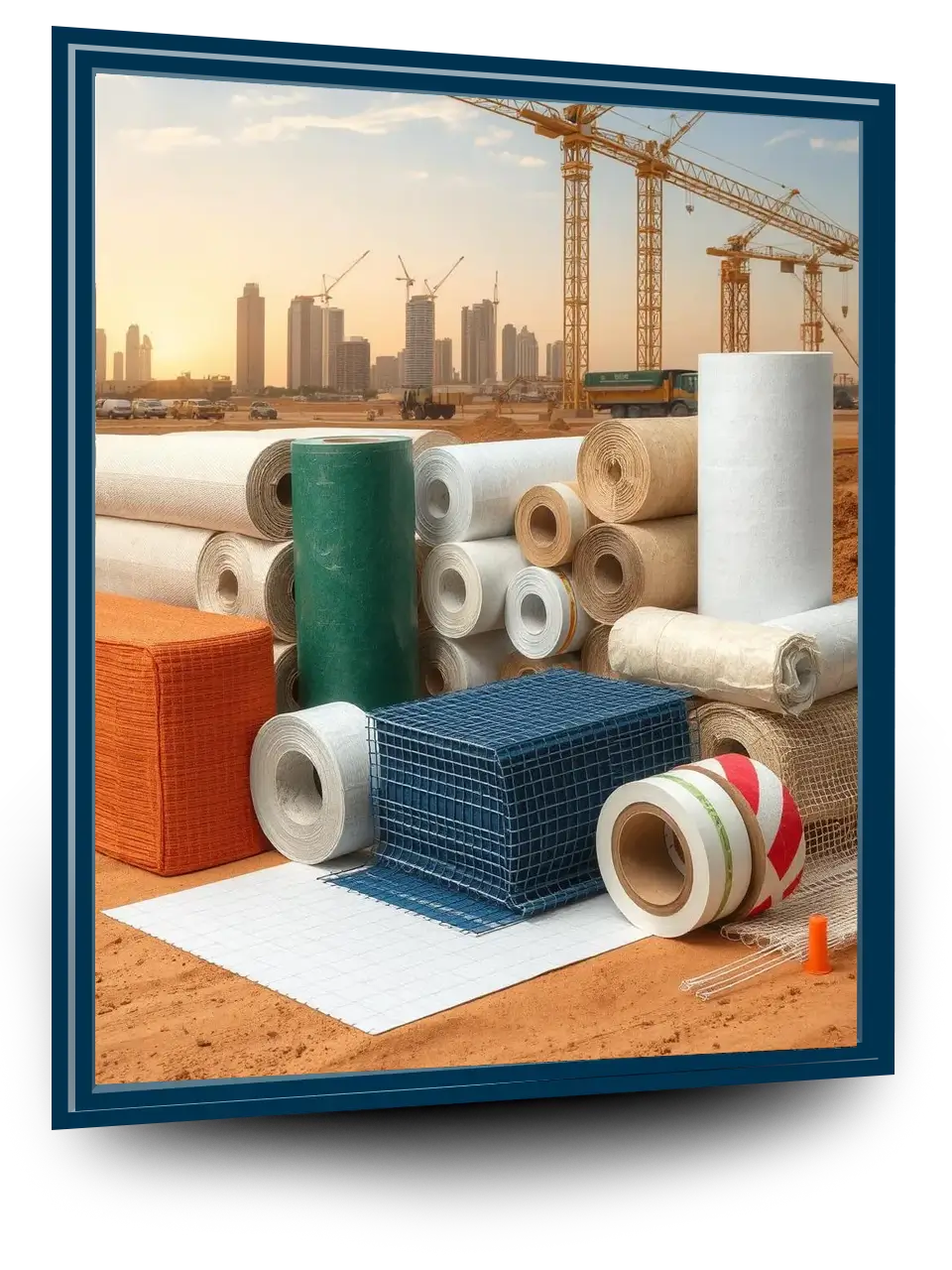 Best Civil Material supplier in UAE - Nadtex LLC Geotextile fabric rolls Geomembranes (standard and composite types) Geosynthetic Clay Liners (GCL) Fiberglass Geogrids Extruded HDPE Foil Composite Dimiped Geomembranes HDPE Duct Spacers Underground Cable Protection Cover Tiles Detectable and Non-detectable Warning Tape Fiberglass Mesh PVC Fencing Nets